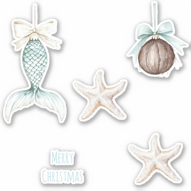 Coastal Christmas Mermaid Bow Starfish Beach  Aufkleber (Vorderseite)