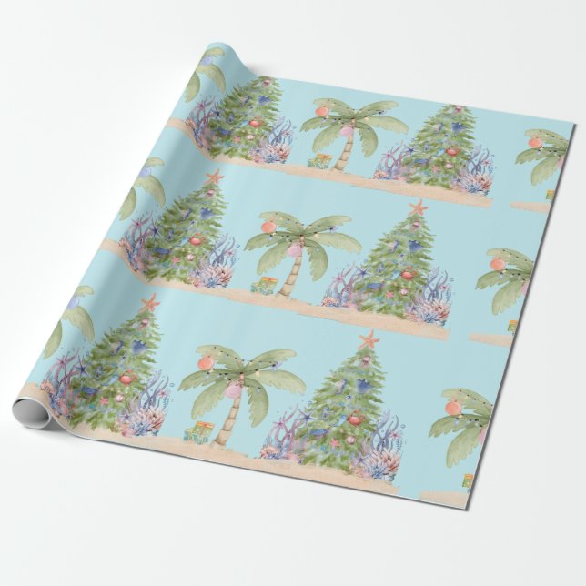 Coastal Christmas Palm Tree Gift Wrap – Ocean Holi Geschenkpapier (Ungerollt)