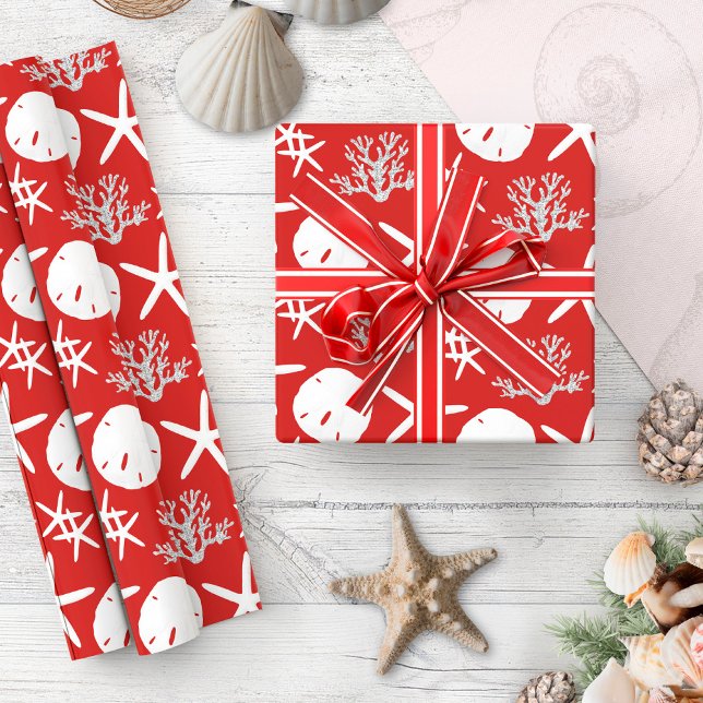 Coastal Christmas Starfish Sand Dollar Red Geschenkpapier (Von Creator hochgeladen)
