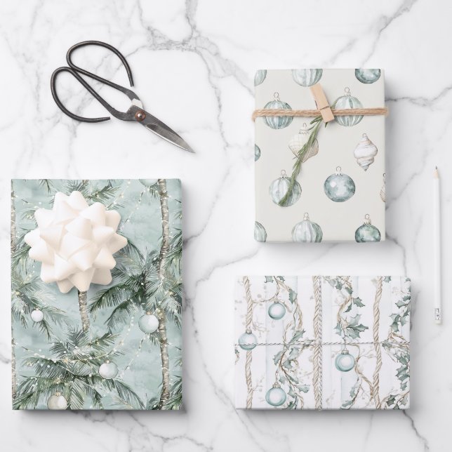 Coastal Christmas Watercolor Palms & Seashells Geschenkpapier Set (Vorderseite)