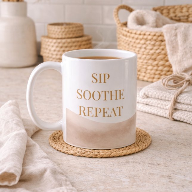 Coastal Coffee Ritual Classic Mug, 11 oz Kaffeetasse (Taupe watercolor wrap with gold Sip Soothe Repeat for refined coffee rituals.)