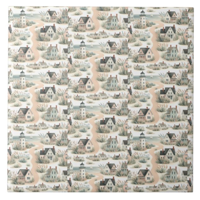 Coastal Cottage Lighthouse Pattern Fliese (Vorderseite)