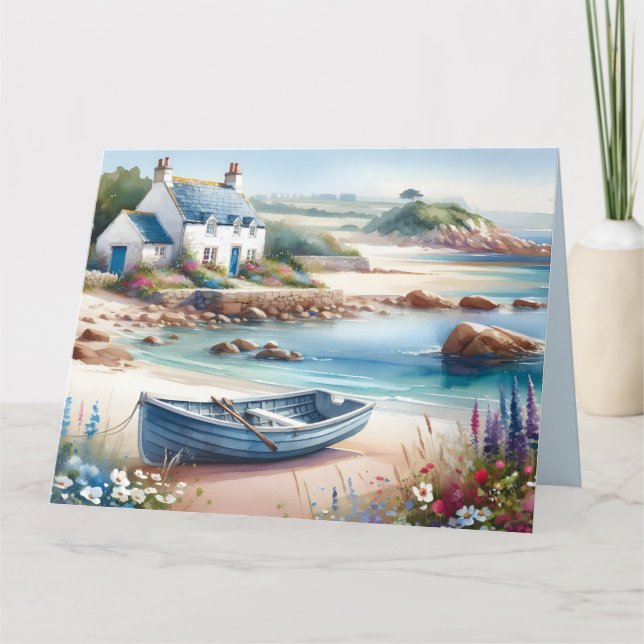 Coastal Cottage Seaside Rowboat Bloom Karte (Vorderseite)