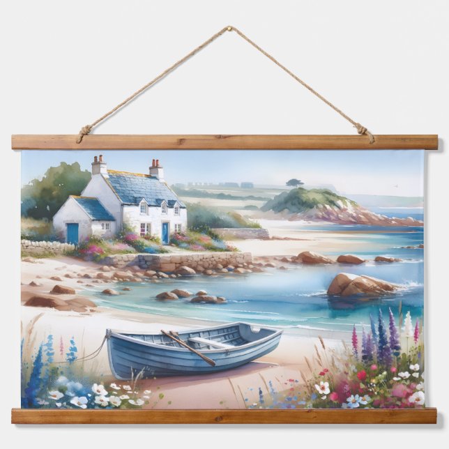 Coastal Cottage Seaside Rowboat Bloom Wandteppich Mit Holzrahmen (Vorne)