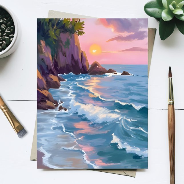 Coastal Cotton Candy Sunset Watercolor Paint Card (Von Creator hochgeladen)