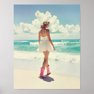 Coastal Cowgirl – Vintage Style Rosa Stiefel Poster