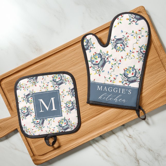 Coastal Crab Christmas Lights Personalized Ofenhandschuh & Topflappen-Set (Von Creator hochgeladen)