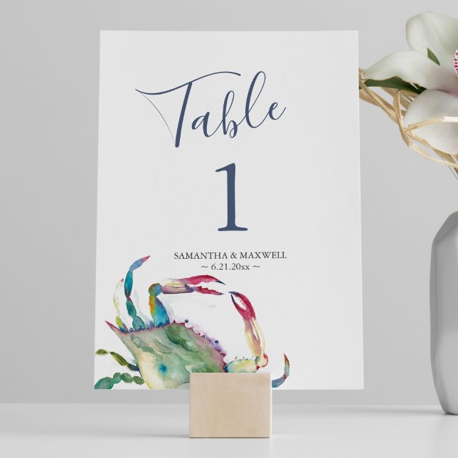 Coastal Crab Wedding Tischnummer (Beach wedding table numbers watercolor blue crab art by Victoria Grigaliunas of Do Tell A Belle)