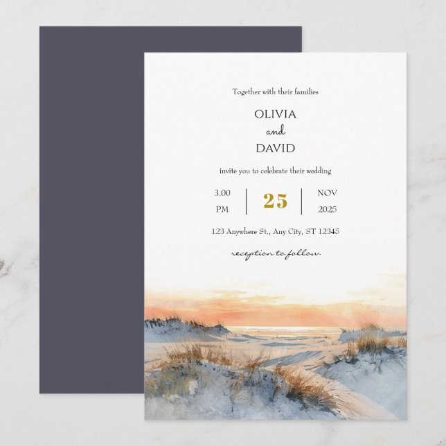 Coastal Dunes Golden Sunset Abend Beach Hochzeit Einladung (Vorne/Hinten)