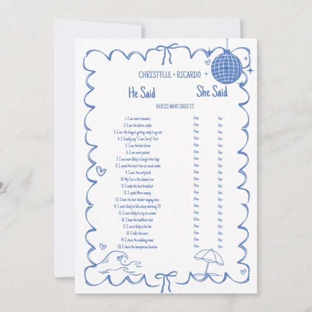 Coastal Er sagte, sie sagte Brautparty-Spielkarte Ankündigung (Vorderseite)