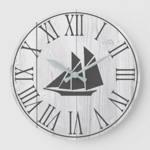 Coastal Faux White Wood & Sailboat Silhouette Große Wanduhr