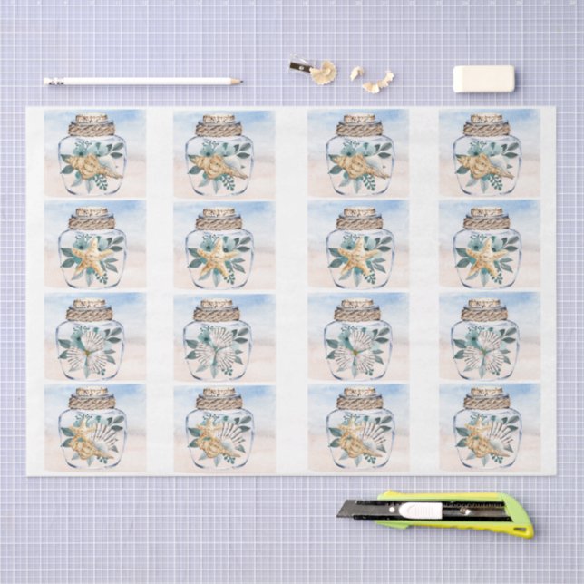 Coastal Floral Seashells in a Jar Decoupage  Seidenpapier (Handwerk)