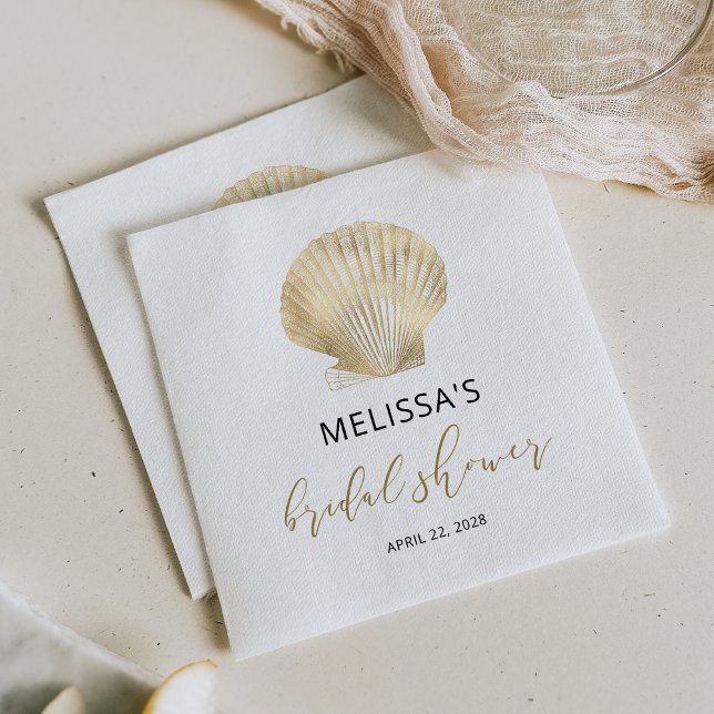 Coastal Gold Seashell Black Brautparty Napkins Serviette (Von Creator hochgeladen)