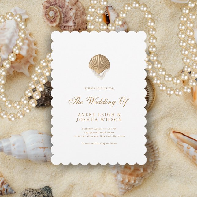 Coastal Gold Seashell & Pearls Beach Hochzeit Einladung (Von Creator hochgeladen)