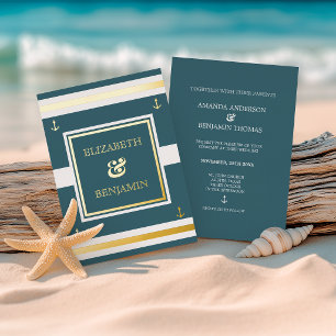 Coastal Gold White Blue Stripes Schöne Hochzeit Folieneinladung