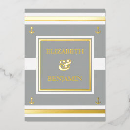 Coastal Gold White Gray Stripes Schöne Hochzeit Folieneinladung