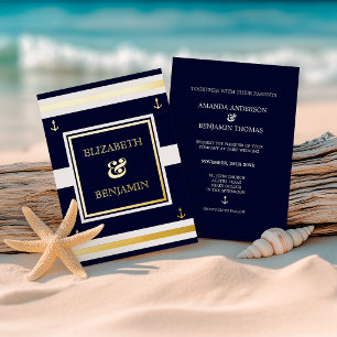 Coastal Gold White Navy Blue Nautical Wedding Folieneinladung