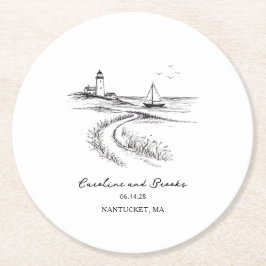 Coastal Hand Drawn Black & White Wedding Runder Pappuntersetzer