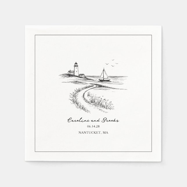 Coastal Hand Drawn Black & White Wedding Serviette (Vorderseite)