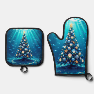 Coastal Holiday Oven Mitt and Pot Holders Ofenhandschuh & Topflappen-Set