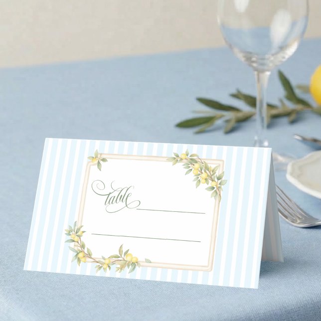 Coastal Lemon Wedding Platzkarte (elegant coastal stripe mediterranean lemon wedding table place card with script calligraphy)