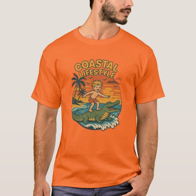 Coastal Life Alligator Surfing Retro FL Surf Beach T-Shirt (Vorderseite)