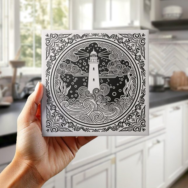 Coastal Life Series Lighthouse B & W D1208 Fliese (Von Creator hochgeladen)