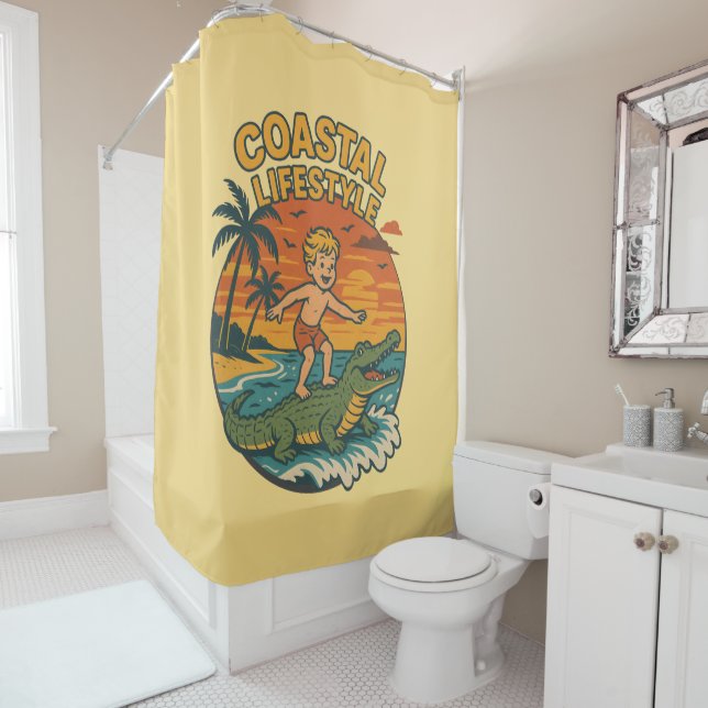 Coastal Lifestyle Gator Surfing - Retro Surf Beach Duschvorhang (Beispiel)