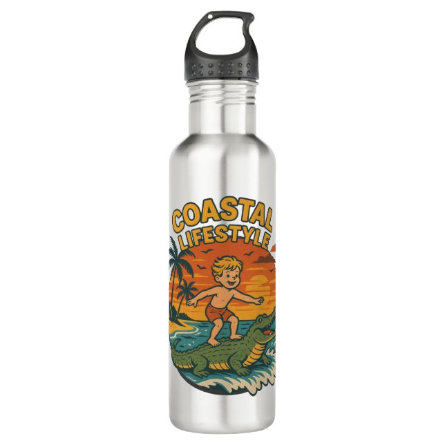 Coastal Lifestyle Gator Surfing - Retro Surf Beach Edelstahlflasche (Vorderseite)