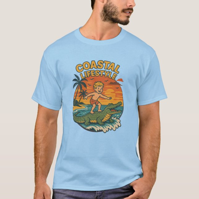 Coastal Lifestyle Gator Surfing - Retro Surf Beach T-Shirt (Vorderseite)