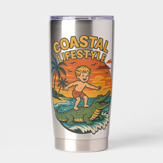 Coastal Lifestyle Gator Surfing - Retro Surf Beach Thermobecher (Vorderseite)