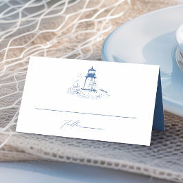Coastal Lighthouse Blue Toile Wedding Platzkarte