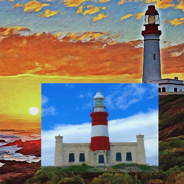 Coastal Lighthouse Charm Red Blue White Foto Postkarte (Front with Background)