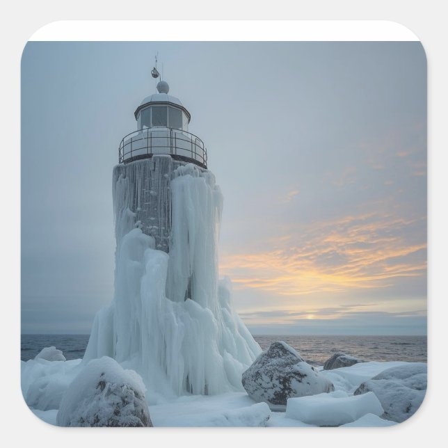 coastal lighthouse in winter storm quadratischer aufkleber (Vorderseite)