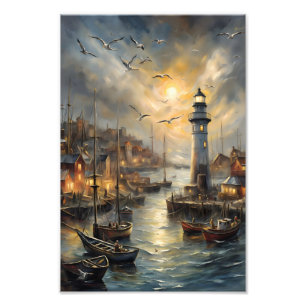 Coastal Lighthouse & Seaside Village Fotodruck