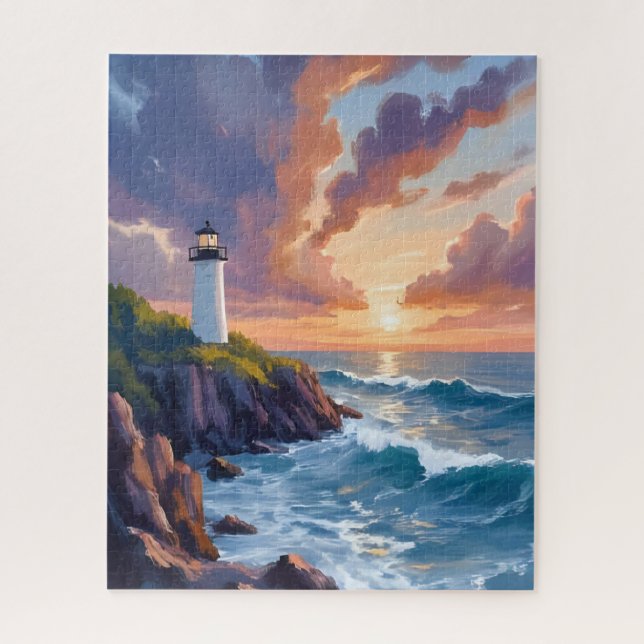 Coastal Lighthouse Sunset | Beach Ocean Painting Puzzle (Vertikal)