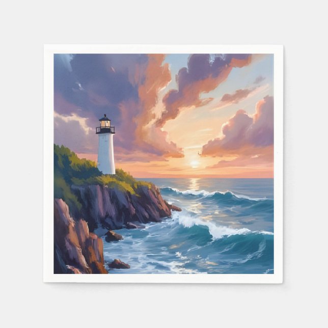 Coastal Lighthouse Sunset | Beach Ocean Painting Serviette (Vorderseite)