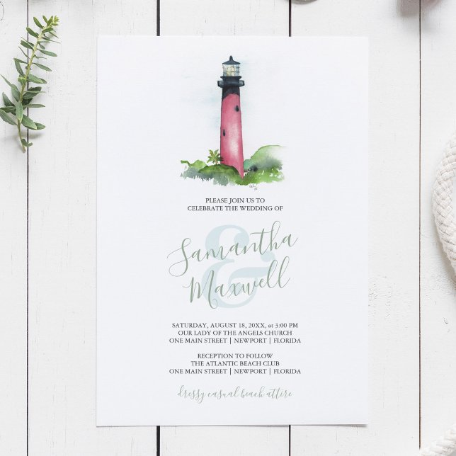Coastal Lighthouse Wasserfarben Hochzeit Einladung (Beach wedding invitation ocean and lighthouse watercolor art by Victoria Grigaliunas)