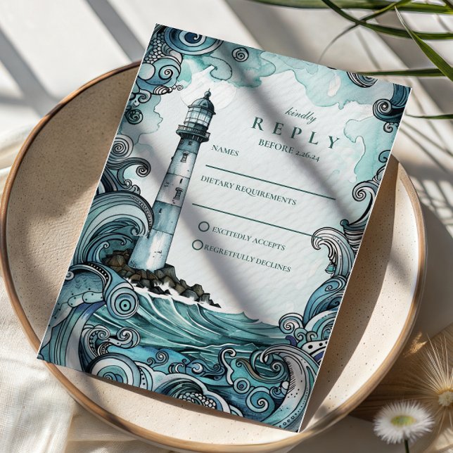 Coastal Lighthouse Wave Wedding RSVP Karte (Von Creator hochgeladen)