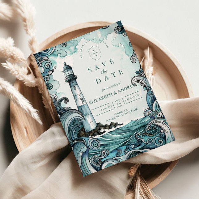 Coastal Lighthouse Wave Wedding Save The Date (Von Creator hochgeladen)