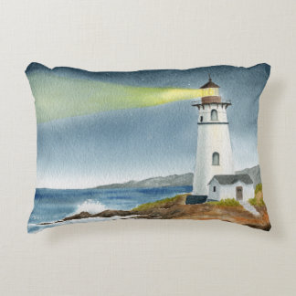 Coastal Lighthouse with Light Beam Postcard Dekokissen