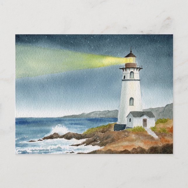 Coastal Lighthouse with Light Beam  Postkarte (Vorderseite)