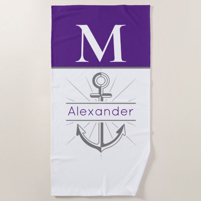Coastal Lila Anchor Nautical Monogram Name Beach Strandtuch (Vorderseite)