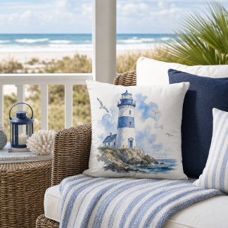 Coastal Living Leuchtturm Blau auf Weiß Kissen