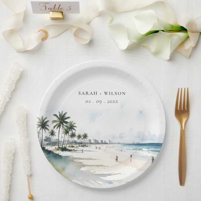 Coastal Miami Beach Palm Tree Wasserfarbenhochzeit Pappteller (Hochzeit)