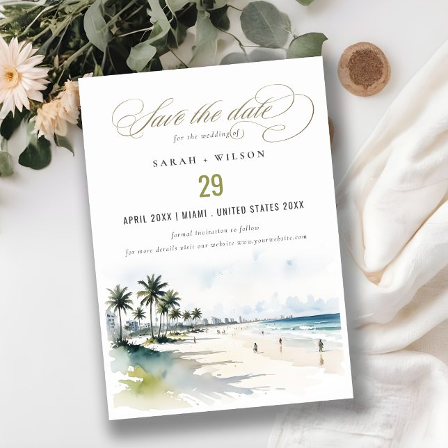 Coastal Miami Beach Palm Tree Wasserfarbenhochzeit Save The Date (Von Creator hochgeladen)