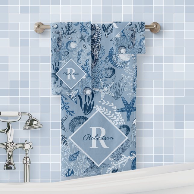 Coastal Monogram Blue Ocean Life Badhandtuch Set (Von Creator hochgeladen)