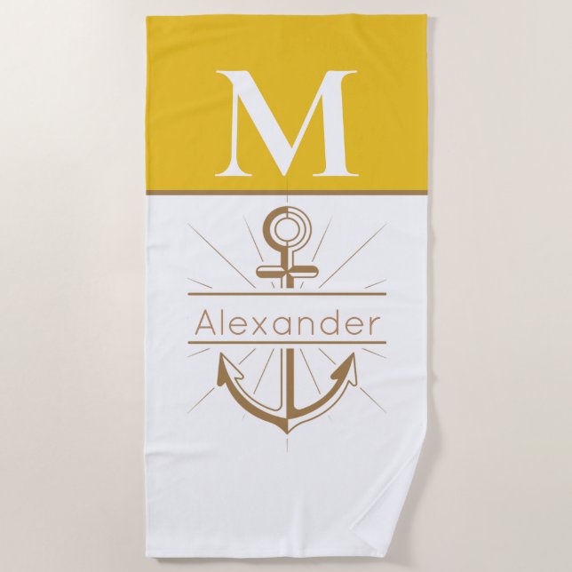 Coastal Mustard Yellow Anchor Nautic Monogram Strandtuch (Vorderseite)