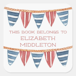 Coastal Nautical Beach Flags Bookplate Quadratischer Aufkleber