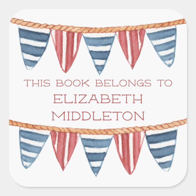 Coastal Nautical Beach Flags Bookplate Quadratischer Aufkleber (Vorderseite)